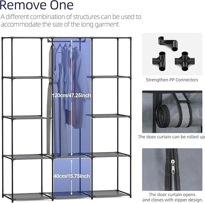 Portable Closet, Wardrobe Closet with 10 Storage Shelves and 2 Hanging Rods, Non-Woven Fabric Cover, 52.4 x 18.1 x 66.6 Inches Closet Organizer for Bedroom, Gray - Image 4