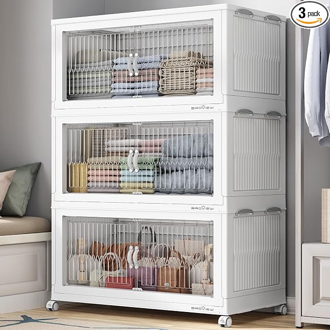 BROVIEW 600Qt Extra Large Stackable Storage Bins with Lid, Closet Organizer Collapsible Drawer Boxes with Wheels, Folding Plastic Cabinet Containers for Home Kitchen Room Organization, 3Pack White by BROVIEW-EnjoytheArtofLife