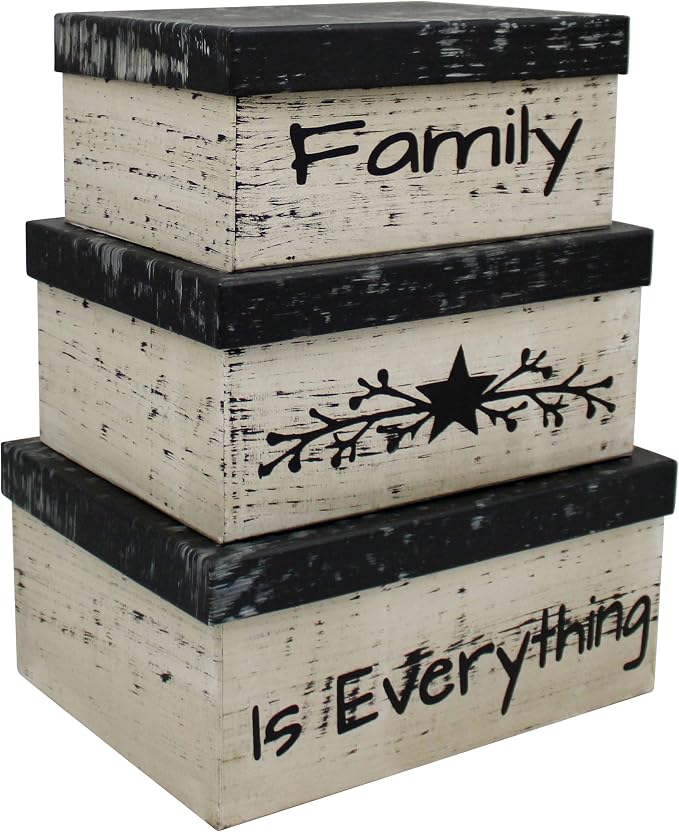Primitive Vintage Rectangular “Family is Everything” Cardboard Nesting Boxes, Large 12 X 9 X 5-1/2 Inch. Set of 3. by CVHOMEDECO