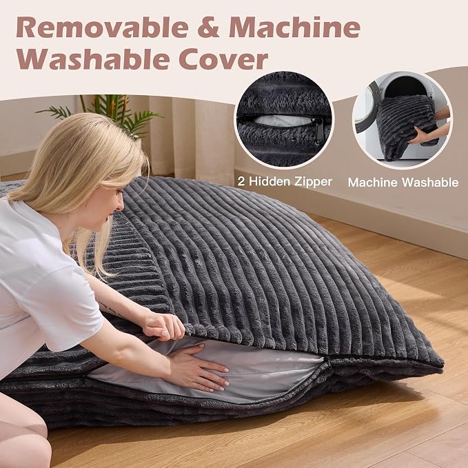 Bean Bag Chair, Giant Bean Bag Chair, 4 in 1 Convertible Beanbag Chairs for Adults with Removable Cover, Memory Foam Floor Cushions, Living Room, Bedroom, Dark Grey - Image 6