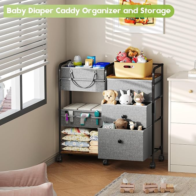Cidaziya 2In1 Baby Diaper Caddy Organizer and Storage, 3 Tier Rolling Cart with Dividers and Drawers, Mobile Utility Cart Baby Dresser Clothes Organizer for Changing Table, Crib Nursery, Bedroom, Grey - Image 9