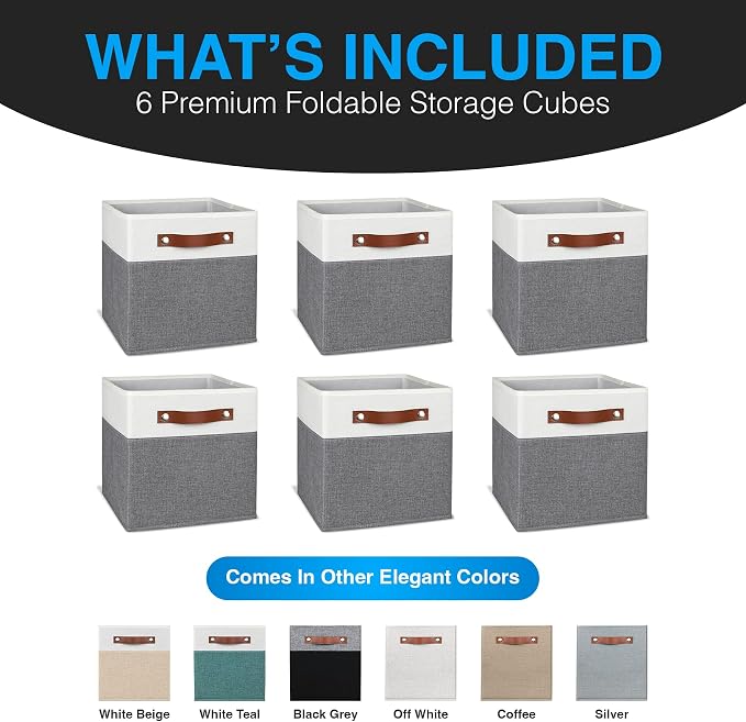 11 Inch Cube Storage Bin - 6 Pack - Linen Fabric 11x11 Cube Storage Bins for Bedroom, Living Room, Clothes and Toys; Foldable, Dual Leather Handles - Image 2