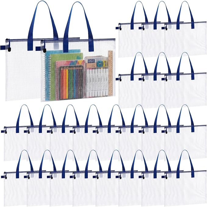 Reginary 24 Pcs Mesh Zipper Pouch File Bags with Handle Bulk A4 11 x 13.8 Inch Zipper Mesh Document Pouch Artwork Storage Organize for Office School Supplies Paintings Puzzle Travel Storage(Blue) by Reginary