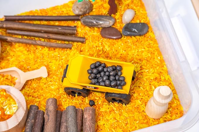 Construction Sensory Bin Kit for Kids | Taste-Safe Rice, Realistic Rocks & Logs, Wooden Tools & Vehicles – Includes Storage Bin – Montessori-Inspired Sensory Play - Image 4