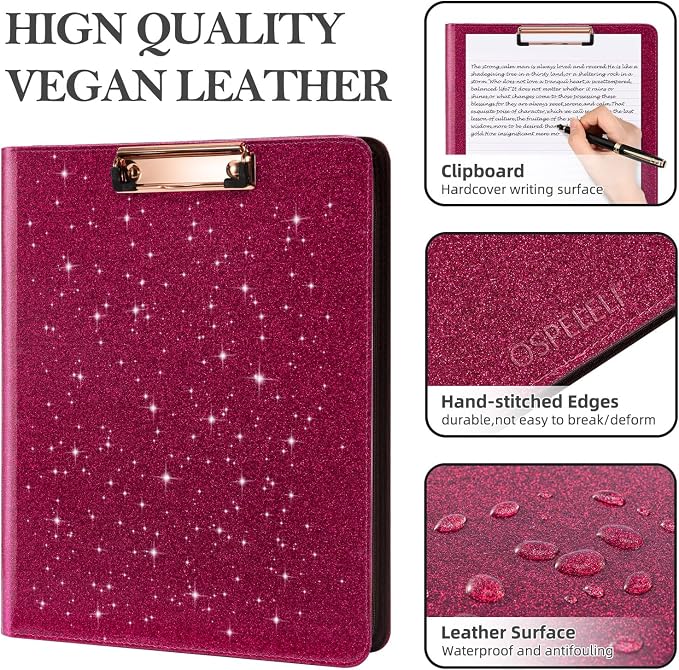 Ospelelf Zipper Clipboard with Storage, Leather Padfolio Portfolio Folder, 3 Ring Binder Dividers with Tabs, 12.1” Tablet Sleeve, Refillable Notepad, Card Slot (Rose Red) - Image 5