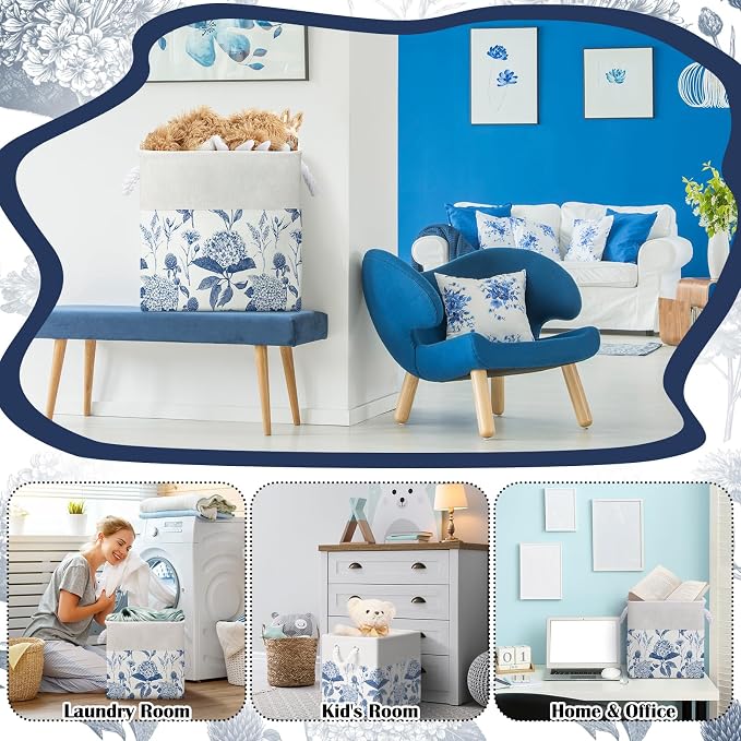 LemonRoad 6 Pcs Blue Hydrangea Cube Storage Bins 11.22 Inch Square Storage Basket with Handle, Preppy Girls Organizer Basket, Collapsible Fabric Box for Classroom Bedrooms Office Home Decoration Gift - Image 7