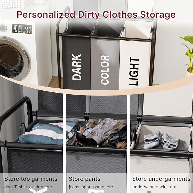180L Laundry Sorter 3 Section with Lockable Wheels and Lid Multicolor | 3 Large Separate Removable Bags | Heavy Duty Rolling Laundry Basket | Laundry Hamper Cart for Laundry Room Organizer - Image 3