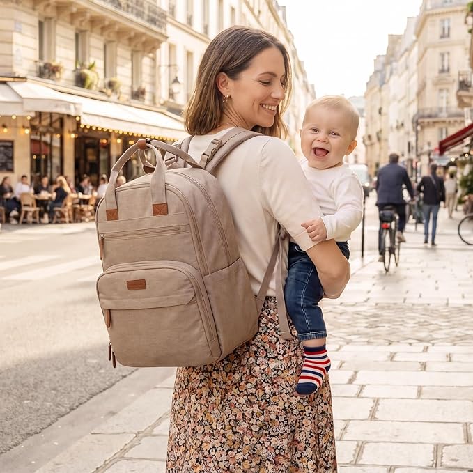 mommore Diaper Bag Backpack Multi-pocket Baby Bag with Changing Pad | Travel Essentials for Mom & Dad, Insulated Pockets & Stroller Straps, Newborn Maternity Bag & Registry Must-Haves, Brown - Image 2