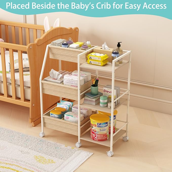 Rolling Nursery Diaper Caddy Organizer Cart, 3-Tier with Dividers - Image 2