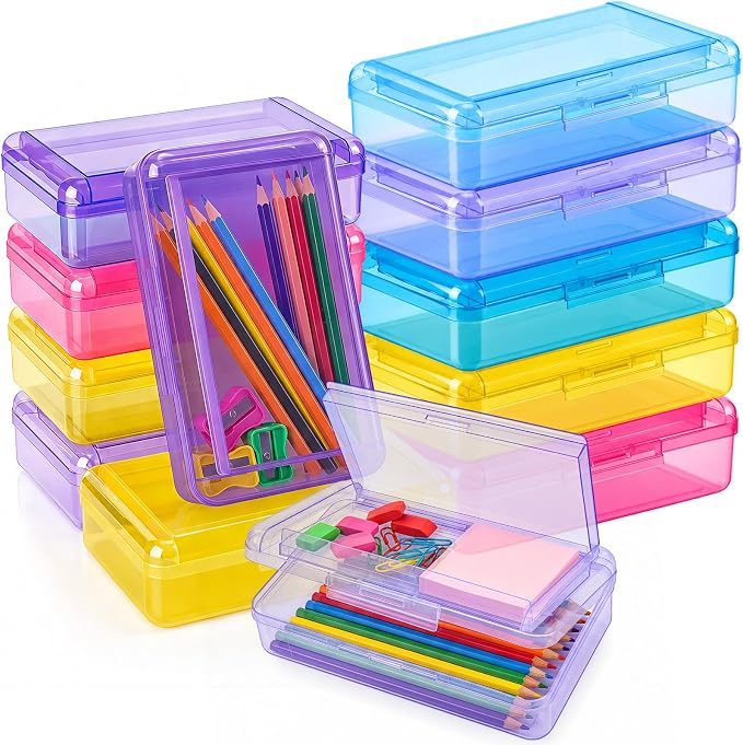 12 Pack Double Layer Large Pencil Box, Clear Plastic Hard Pencil Case with Snap Lid, School Supply Organizer Box for School Office Classroom Home Supplies(Classic Colors) by Unknown