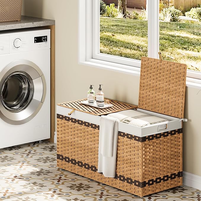 HOOBRO Storage Basket with Lid, 52.8 Gallon (200L) Wicker Storage Basket with 2 Separate Lid, Blanket Storage Bin with 2 Removable Liner Bags, for Bedroom, Laundry, Natural and Brown NL277CW01 - Image 2