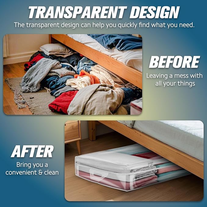 HIBAG 20 Gallon Under Bed Storage Containers, Underbed Clothing Storage Bins, Clear Plastic Organizer with Reinforced Handles, for Clothes Comforters Blankets Towels Pillows Bedding (2 Pack) - Image 7