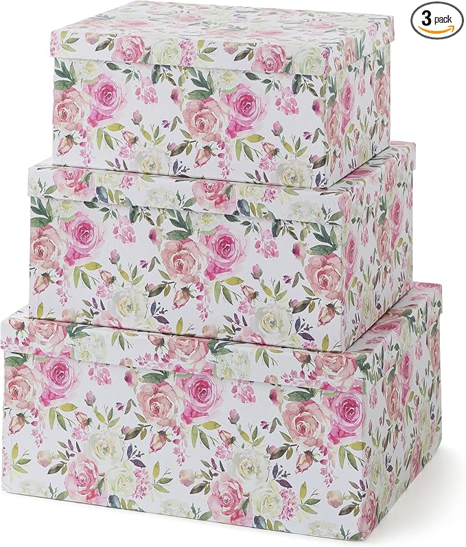 Soul & Lane - Summer Rose Decorative Storage Boxes with Lids, Set of 3 | Large Nesting Cardboard Keepsake Boxes for Photos and Gifts, Pink Vintage Rose Print Containers for Home Decor by SoulLane