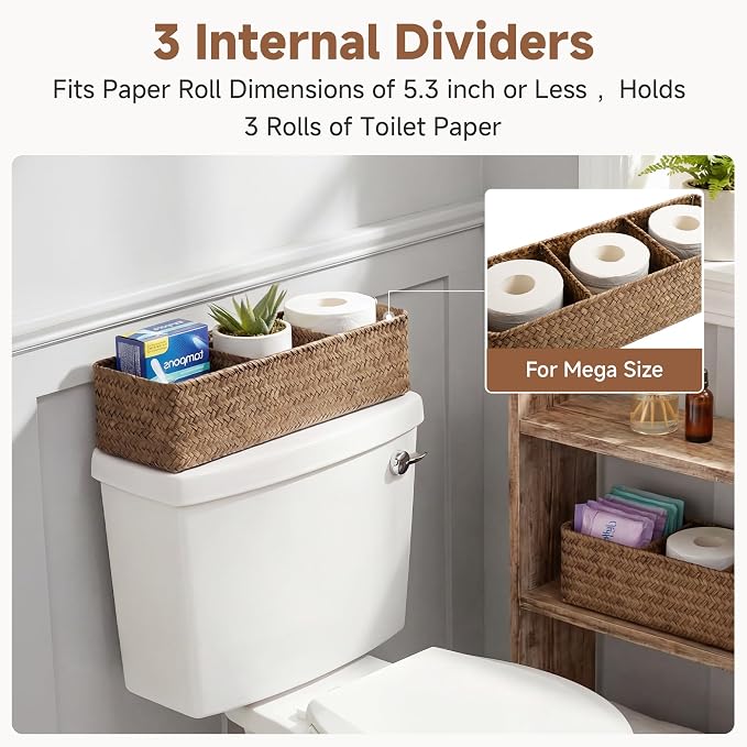 StorageWorks Toilet Paper Basket with Lid, Back of Toilet Baskets, Seagrass | Wicker Basket, Toilet Paper Storage for Back of Toilet Tank, Woven Baskets for Shelves, Wicker Baskets with 3 Compartments - Image 3