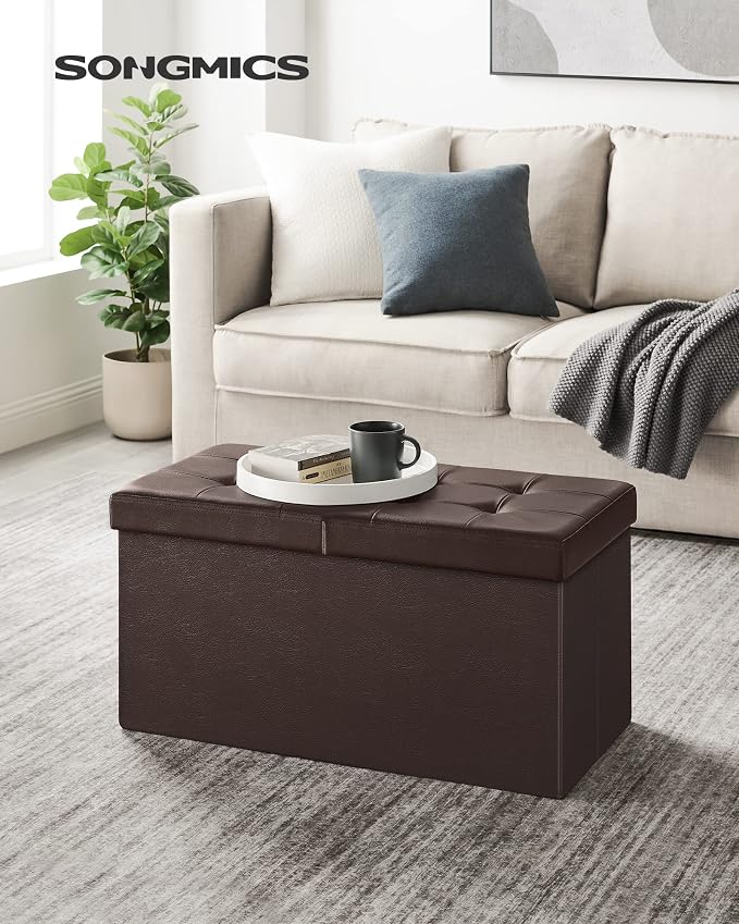 SONGMICS 30 Inches Folding Storage Ottoman Bench with Flipping Lid | Storage Chest Footrest Padded Seat, MDF Support, Ink Black, MINOTA Collection ULSF45BR - Image 2