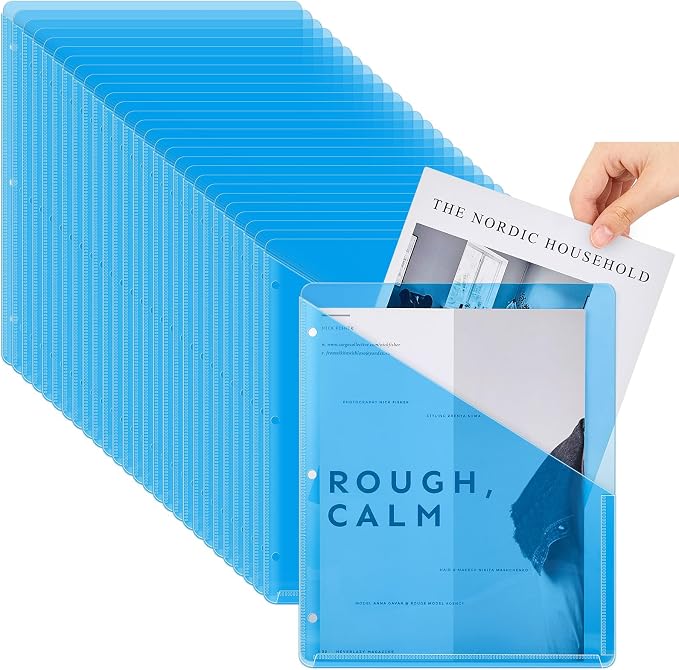 Seajan 100 Pcs Binder Pocket Folders, Clear 3 Ring Binder, Blue | Plastic Folders Sleeves with 2 Pockets, Poly Slash File Jackets, 3 Hole Punched Dividers for School, Office, Documents by Seajan