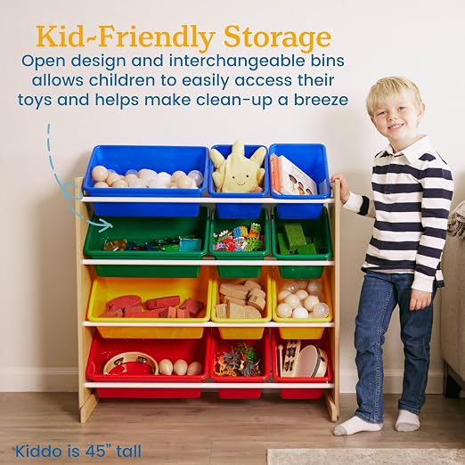 ECR4Kids 4-Tier Organizer with 12 Removable Plastic Bins, 4x3, Toy Storage, Natural/Primary | Durable plastic bins, MDF panels, steel frame, GREENGUARD Gold Certified, 48 lb capacity, anti-tip kit, playroom/classroom - Image 5