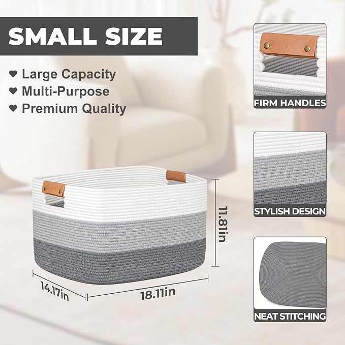 Rectangle Blanket Storage Basket, 50L Large Decorative Basket Living Room, Storage Bin with Handle, Woven Rope Hamper for Toy Organizing & Laundry, 18.11’’*14.17’’*11.81’’ Gradient Grey - Image 2