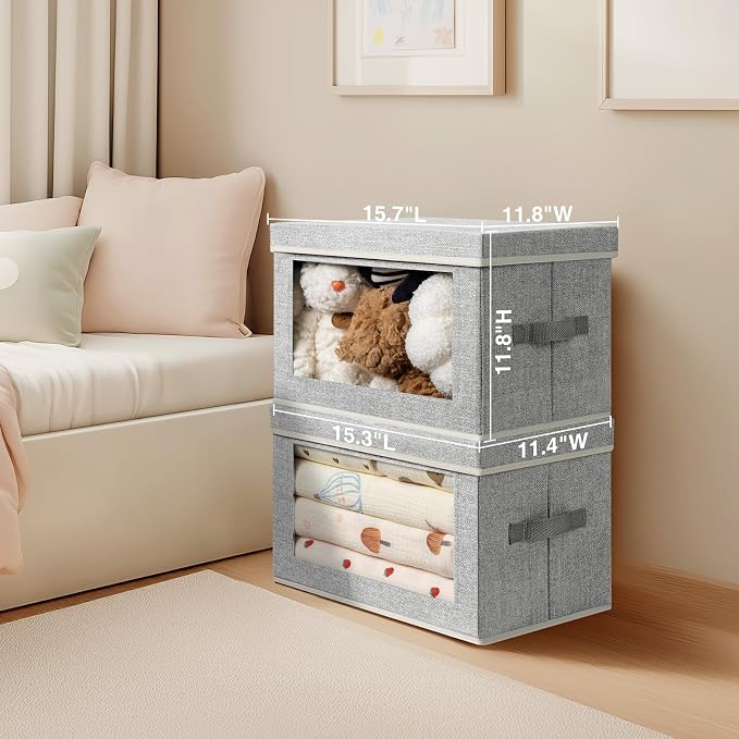 Large Storage Baskets Bins with Lids - Stackable Cube Bins for Closet, 3 Pack Windows Organizer Bins, Home Organizers and Storage for Clothes, CD, Towels, Light Grey - Image 2