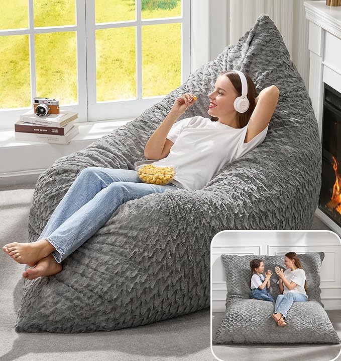 Hobestluk Adult Bean Bag Chair 3 in 1 Convertible Large Bean Bag Sofa | Chevron Plush Grey,Machine Washable,Removable Cover,Easy Convert And Install,Floor Bed,For Livingroom Bedroom by YourHomeDeservesMore