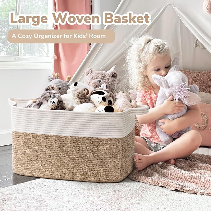 Goodpick Large Woven Rope Blanket Basket, Rectangle, White & Light Brown | 21.6" × 14.9" × 11.8" Storage Basket for Pillows & Toys Laundry, Nursery & Living Room Organization, Reinforced Handles - Image 2