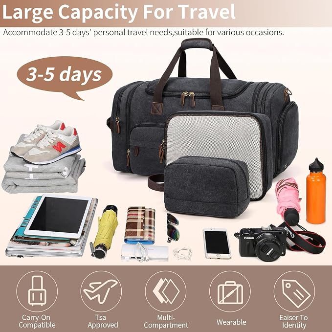 Mens Duffle Bag for Travel, 60L Canvas Expandable Overnight Weekender Bag | Shoe Compartment, Carry-On Size, Multiple Pockets, Detachable Strap, Toiletry Bag & Packing Cube Include, Dark Gray - Image 6
