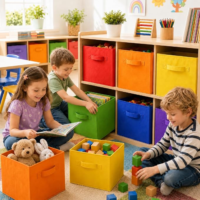 Yinder 12 Pcs Cube Storage Bin Rainbow Colored 10.5''x10.5''x11'' Storage Bins for Kids Classroom Decor Colorful Bins Foldable Baskets for Playroom Nursery Organizer Fabric Boxes - Image 4