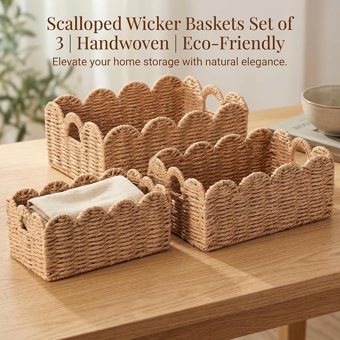Scalloped Wicker Baskets Set of 3, Hand-Woven Storage with Handles | set of 3 tan scalloped baskets with handles. Hand-woven paper rope for shelves, bathroom or closet. Stackable, sturdy. - Image 6