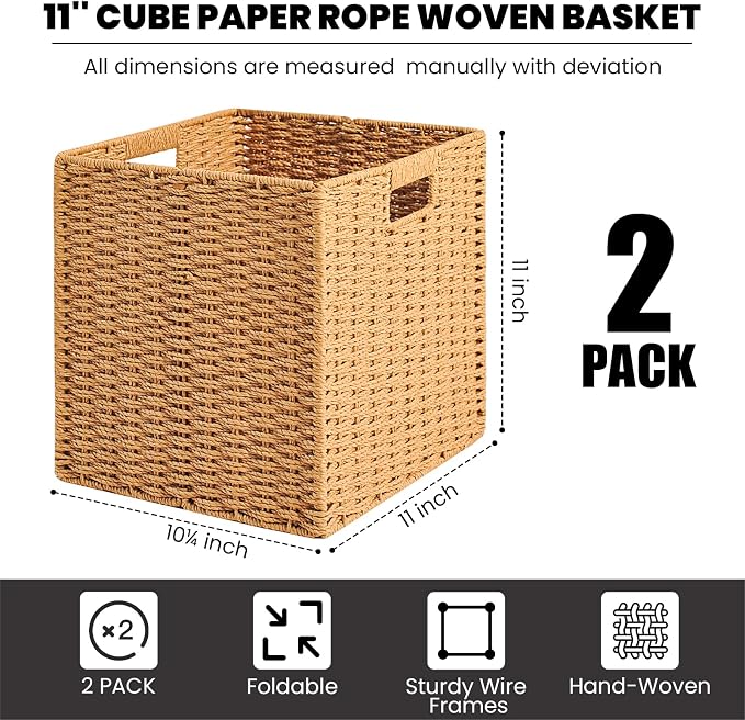 ICERZCZ Wicker Storage Cube Bins for Shelves Closet, Paper Rope Woven Baskets for Storage, Cube Storage Organizer Bin, 11"x10.25"x11", 2 Packs, Yellow - Image 3