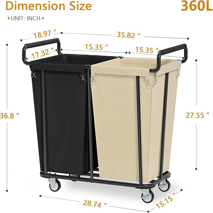 Gewudraw 2 Section Heavy Duty Laundry Basket with Wheels, 360L | Big Rolling Laundry Basket Sorter Cart, Extra Large Clothes Hamper, Laundry Basket Organizer for Laundry Room, Bathroom - Image 7