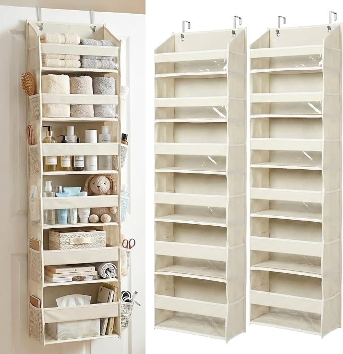 Over the Door Organizer, 6-Tier, 100D Fabric, Ivory 2pc | Over the door shoe organizer, 50 lbs capacity, 12 side mesh pockets, 100D extra thick fabric, Closet & entryway storage by HomeluxTheory
