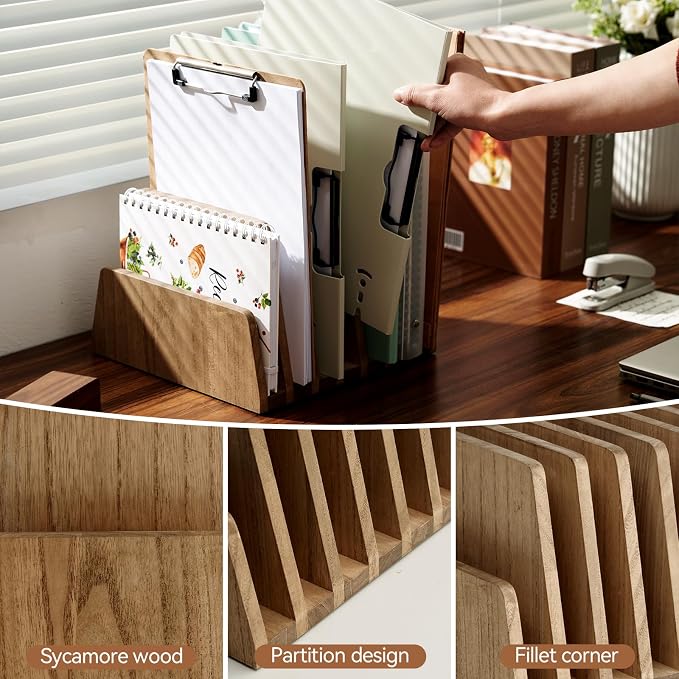 KIRIGEN Wooden File Organizer, 7-Slot Upright Holder for Desk, Brown 7K-DBR | Seven Upright Slots Sort Mail, File Folders, Papers, Bills, Envelopes, and Notebooks; 9.92 x 10.35 x 7.08 In, No Assembly - Image 4