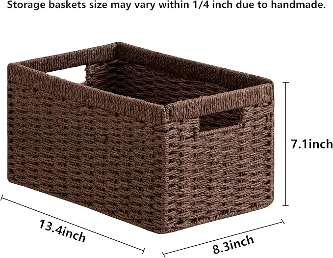joybest Wicker Storage Baskets, 2pack Hand-Woven Paper Rope Wicker Baskets for Organizing, Foldable Rectangular Storage Organizer Bins for Shelves with Built-in Handles 13.4L x 8.3W x 7.1H, Dark Brown - Image 6