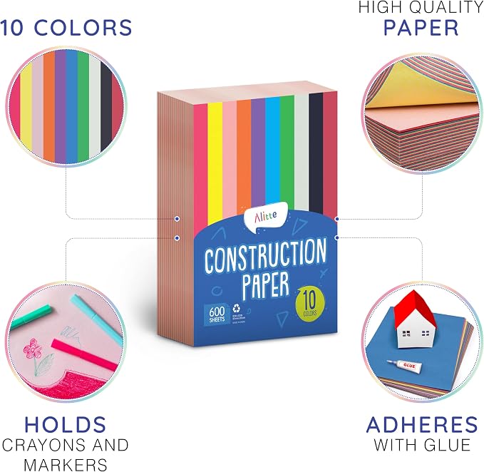 Alitte Construction Paper Assorted Colors - (600 Sheets, 9x12), Craft Paper, 10 Bright Colors - Bulk Pack Arts & Crafts Projects - Colored Paper for Preschool, Home, and Classroom Supplies - Image 2