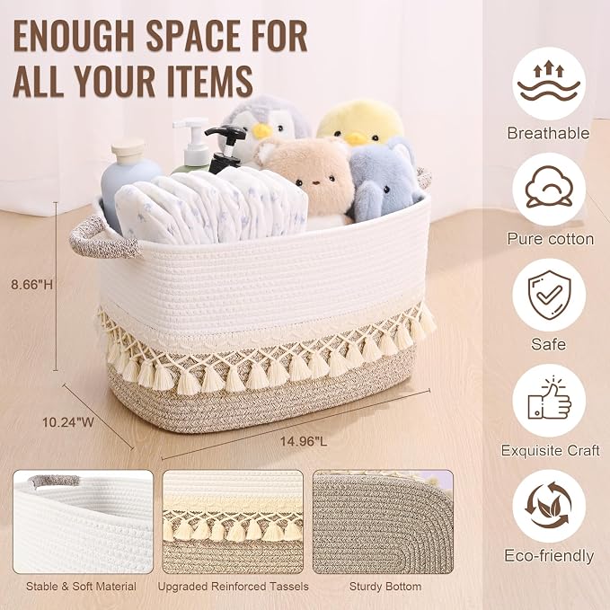 2 Pack Storage Basket for Shelves, Boho Cotton Rope Storage Bins with Heavy Tassel, Shelf Baskets Large Woven Baskets for Organizing, Cube Organizer Bins, Baby Laundry Basket for Clothes, Toys, Pets - Image 4
