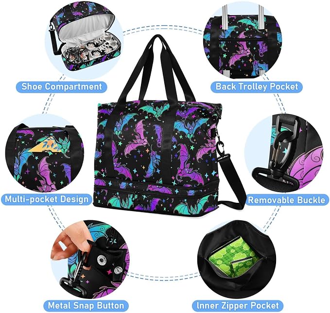Travel Duffel Tote Bag Halloween Luminous Bats Sports Duffel Bag with Wet Pocket Weekender Overnight Bag for Women Men Gym Bag, Carry On Bag Hospital Bag for Labor and Delivery - Image 4
