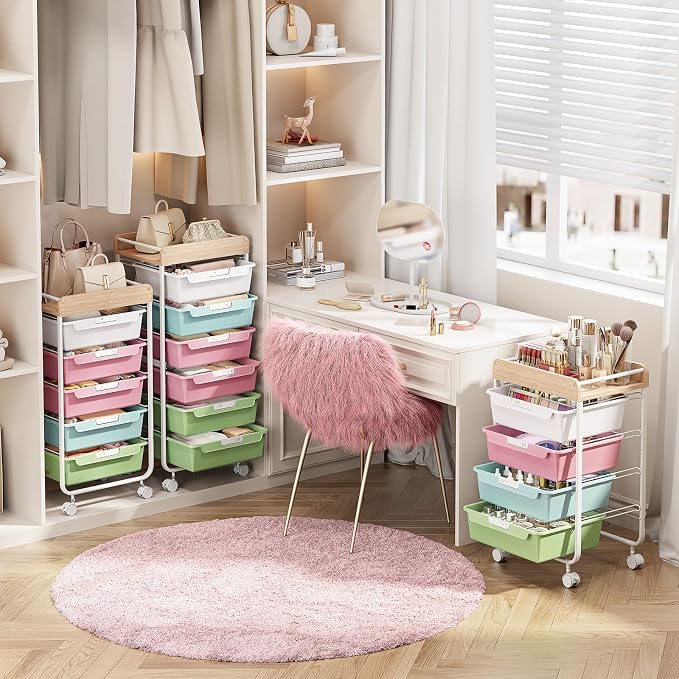 SYKIARIOL Rolling Cart with 6 Drawers,Craft Organizer and Storage,Colorful | Utility Storage Cart with Drawers,Art Cart,Makeup Organizer With Wooden Tabletop - Image 6