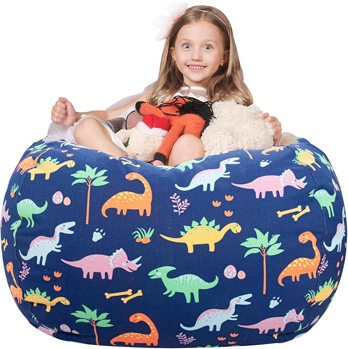 WEKAPO Stuffed Animal Storage Bean Bag Chair Cover for Kids | Stuffable Zipper Beanbag for Organizing Children Plush Toys Large Premium Cotton Canvas (Dinosaur, XX-Large) by Wekapo