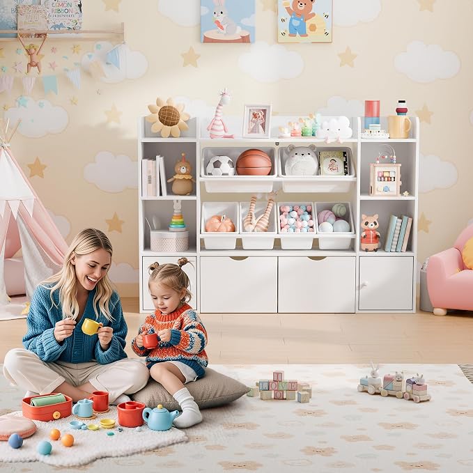 Xilingol Kids Toy Storage Organizer W/6 Removable Toy Bins, 4-Tier Toy Organizers W/6 Storage Cubbies and 2 Movable Drawers, Kid Bookshelf and Toy Storage for Playroom, Bedroom, Kids Room (White) - Image 7