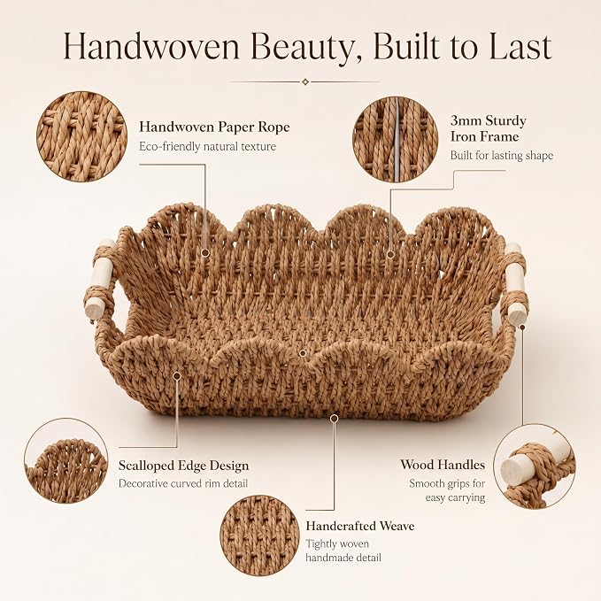 Coeusy 2 Pack Gift Basket, Cute Scalloped Basket with Handles, Decorative Basket for Display,Snack,Shelves, Natural - Image 5