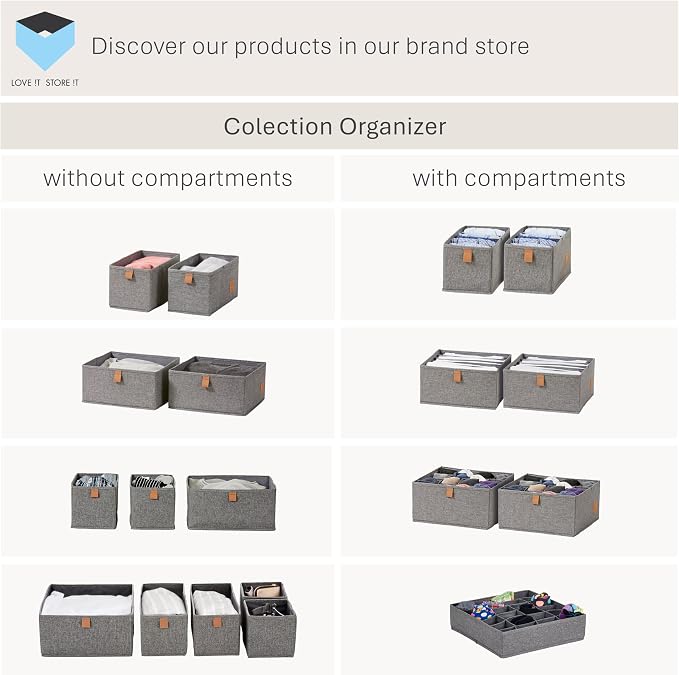 LOVE IT STORE IT Premium Drawer Organiser System, 2-Piece Linen Wardrobe Organiser, Reinforced, 16 Compartments for Socks, Underwear, Grey, 30 x 30 x 15 cm - Image 7