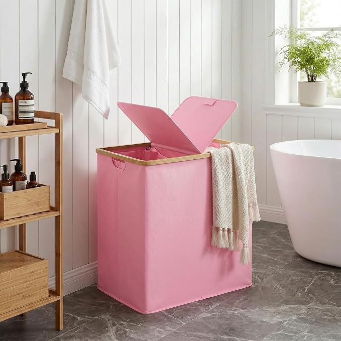 efluky Laundry Hamper with Lid, Double Laundry Basket with 2 Removable Bags, 2 Section Laundry Bin with Bamboo Handles for Bathroom, Bedroom & Laundry Room, 140L (36.9 Gallon) Pink - Image 5