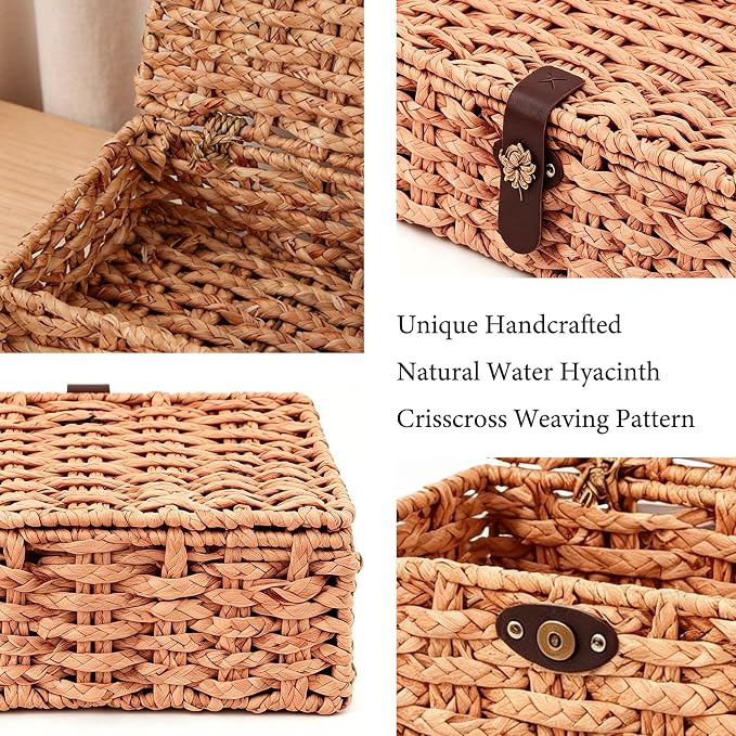 Water Hyacinth Wicker Storage Box with Lid （Large） | Hand woven decorative storage basket for shelf coffee table console home decor - Image 4