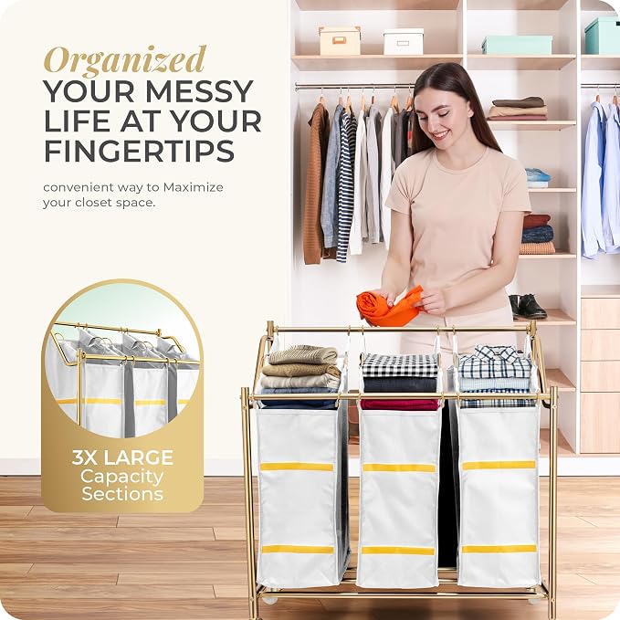 LUXURY STYLE 3- Sections Laundry Sorter, Roling Laundry Cart, Modern Golden Hamper, 3-Bags Organizer with Wheels, Laundry Basket, XL Hamper for Clothes, Toys, and Towels (Classic White) - Image 6