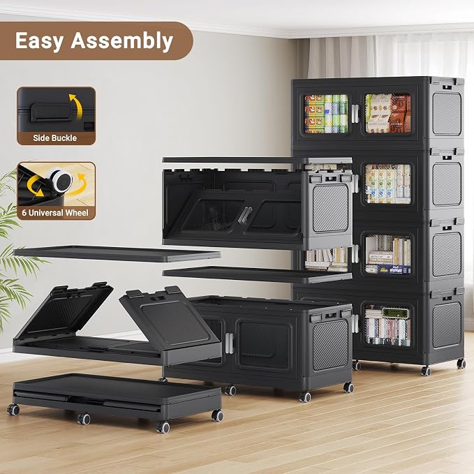 BROVIEW 900 Qt Extra Large Stackable Storage Bin with Lids, 3 Pack Black | 225Gal Extra Large, Collapsible Storage Boxes with 3 Lids, Folding& Rolling Plastic Drawer, Heavy-Duty Cabinet Organization - Image 5