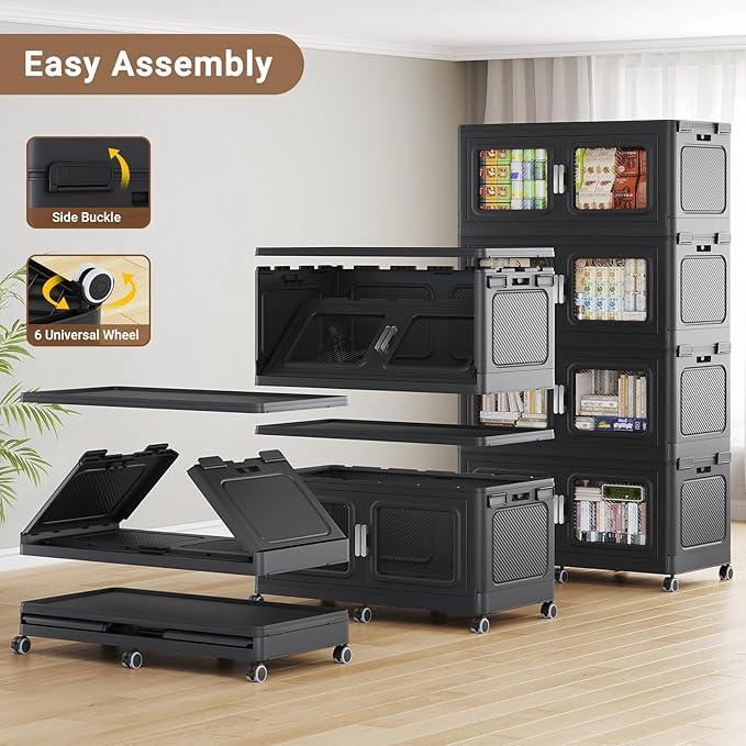 BROVIEW 880 Qt Extra Large Stackable Storage Bin with Lids, 4 Pack Black | 220Gal Extra Large, Collapsible Storage Boxes with 4 Lids, Folding& Rolling Plastic Drawer, Heavy-Duty Cabinet Organization - Image 5
