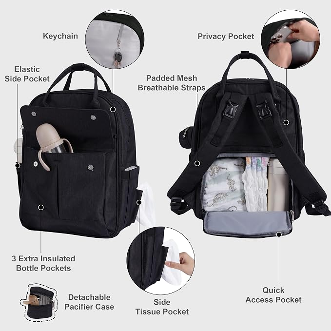 Large Capacity Diaper Bag Backpack, Wet/Dry Separation Black | Allovely Diaper Bag Backpack, Large 22L Baby Bags for Boys Girls, Multi-functional Travel Diaper Backpack, Stroller Straps - Image 3