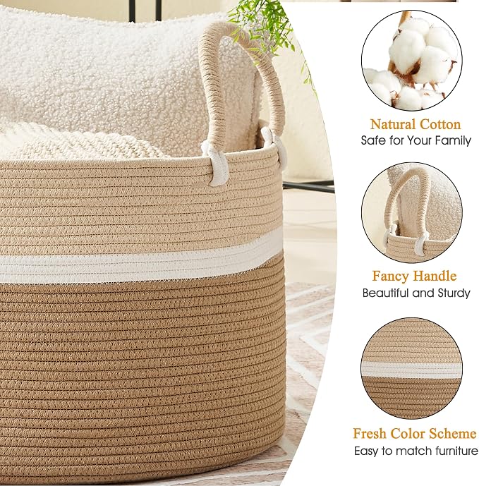 KAKAMAY Large Blanket Basket with Handles, Storage Basket for Living Room | Extra Large Capacity | Natural Cotton Rope | Blanket Storage | Woven Storage Basket | Stuffed Animal Storage | Laundry Basket - Image 2