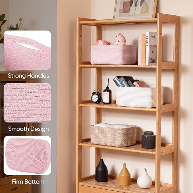 OIAHOMY 4 Pack 14.17 * 11.02 * 6.3IN Storage Baskets for Organizing Shelves, Woven Rope Baskets for Organizing Books, Clothes, Decorative Basket for Living Room, Nursery, Bedroom, Gift Basket, Pink - Image 3