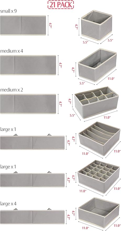 DIOMMELL Set of 21 Foldable Cloth Storage Box Closet Dresser Drawer Organizer Fabric Baskets Bins Containers Divider for Baby Clothes Underwear Bras Socks Lingerie Clothing,Grey 11-4249 - Image 2